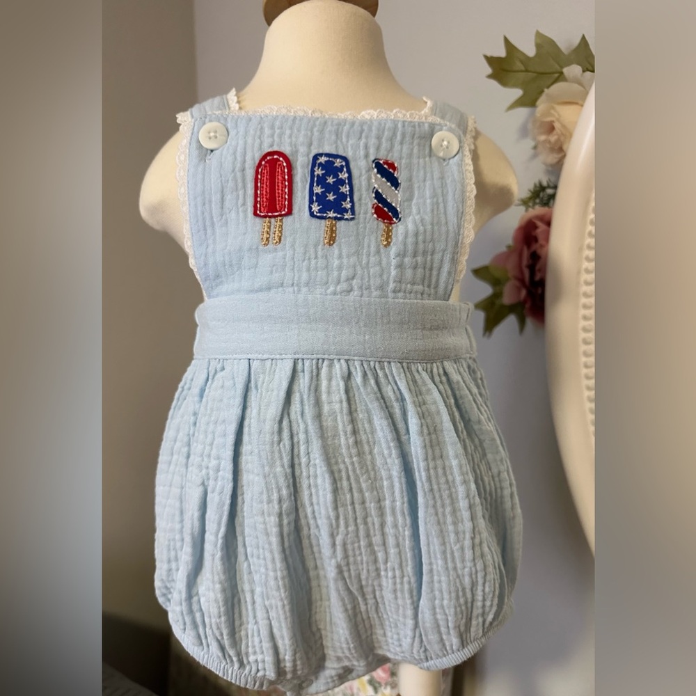Kids Light Blue Embroidered Bubble Romper